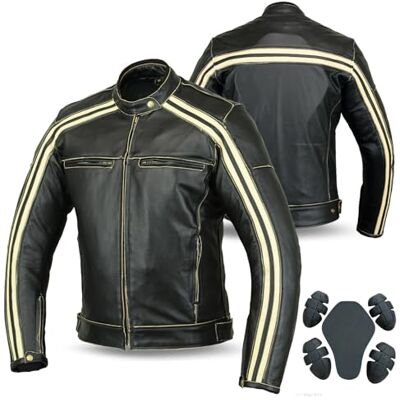 Bikers Gear Australia Retro motocyklová bunda "The Bonnie", barva: černá káva, závodní bunda, 100% hovězí kůže, s CE Armour-Protektor, pruhy v barvě slonové kosti Bikers Gear Australia Retro motocyklová bunda "The Bonnie", barva: černá káva, závodní bunda, 100% hovězí kůže, s CE Armour-Protektor, pruhy v barvě slonové kosti