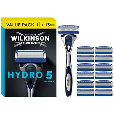 Wilkinson Sword Hydro 5 holicí strojek pro muže, holicí rukojeť + 13 žiletek, hydratační gelové bazény a sklopný zastřihovač Wilkinson Sword Hydro 5 holicí strojek pro muže, holicí rukojeť + 13 žiletek, hydratační gelové bazény a sklopný zastřihovač