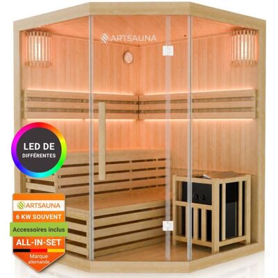 Juskys Rohová fínska sauna 150x150 cm 6 kW, LED, bezpečnostné sklo Juskys Rohová fínska sauna 150x150 cm 6 kW, LED, bezpečnostné sklo