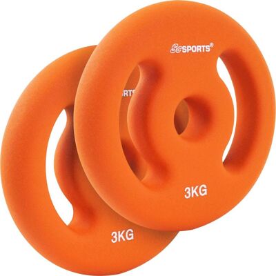 SCSports Neoprenové kotúče 2x3 kg s úchytmi, oranžové, 30/31 mm otvor SCSports Neoprenové kotúče 2x3 kg s úchytmi, oranžové, 30/31 mm otvor