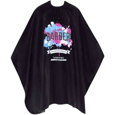 Barber Capes - pláštenky na strihanie - vzorované, na háčik Barber Splash(0950) - čierna pláštenka s logom Barber Marmara a farebnými škvrnami, 150*160cm Barber Capes - pláštenky na strihanie - vzorované, na háčik Barber Splash(0950) - čierna pláštenka s logom Barber Marmara a farebnými škvrnami, 150*160cm