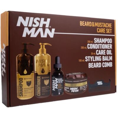 KIT: Nishman Beard&Moustache Care Set - sada starostlivosti o bradu - šampón 200 ml, kondicionér 200 ml, olej na bradu 30 ml, balzám na bradu 100 ml a hrebeň KIT: Nishman Beard&Moustache Care Set - sada starostlivosti o bradu - šampón 200 ml, kondicionér 200 ml, olej na bradu 30 ml, balzám na bradu 100 ml a hrebeň