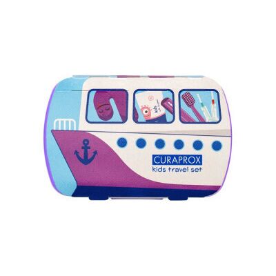 CURADEN Curaprox Kids Travel fialový 1 zubná kefka + 2 medzizubné kefky + 10 ml zubná pasta melón + 1 nálepka darčeková sada CURADEN Curaprox Kids Travel fialový 1 zubná kefka + 2 medzizubné kefky + 10 ml zubná pasta melón + 1 nálepka darčeková sada