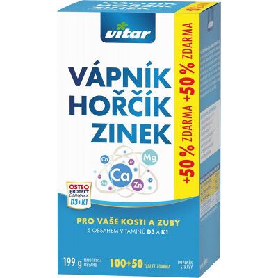 Vitar Vápník+hořčík+zinek+vit.D3+K1 tbl.100+50 Vitar Vápník+hořčík+zinek+vit.D3+K1 tbl.100+50