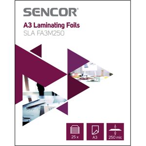 Sencor SLA FA3M250 A3 Laminovacia fólia Hrúbka fólie 2 x 125 mikrónov, Balenie 25 ks, . Sencor SLA FA3M250 A3 Laminovacia fólia Hrúbka fólie 2 x 125 mikrónov, Balenie 25 ks, .