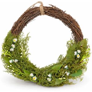 DECOLED Veľkonočný veniec na dvere 34 × 31 × 8 cm, prútie a zelené vetvičky s malými kvetmi, plast, vonkajšie DECOLED Veľkonočný veniec na dvere 34 × 31 × 8 cm, prútie a zelené vetvičky s malými kvetmi, plast, vonkajšie