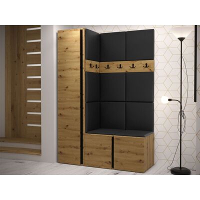 VENETI Predsieňová stena s botníkom a panelmi 42x42 SELAND 5 - dub artisan / čierna ekokoža VENETI Predsieňová stena s botníkom a panelmi 42x42 SELAND 5 - dub artisan / čierna ekokoža