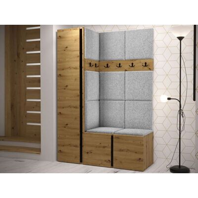 VENETI Predsieňová stena s botníkom a panelmi 42x42 SELAND 5 - artisan / čierna / šedá VENETI Predsieňová stena s botníkom a panelmi 42x42 SELAND 5 - artisan / čierna / šedá