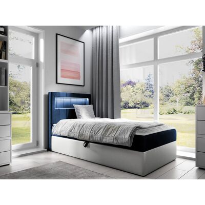 VENETI Kontinentálna jednolôžková posteľ 90x200 RAMIRA 1 - biela ekokoža / modrá 1, pravé prevedenie + topper ZDARMA VENETI Kontinentálna jednolôžková posteľ 90x200 RAMIRA 1 - biela ekokoža / modrá 1, pravé prevedenie + topper ZDARMA