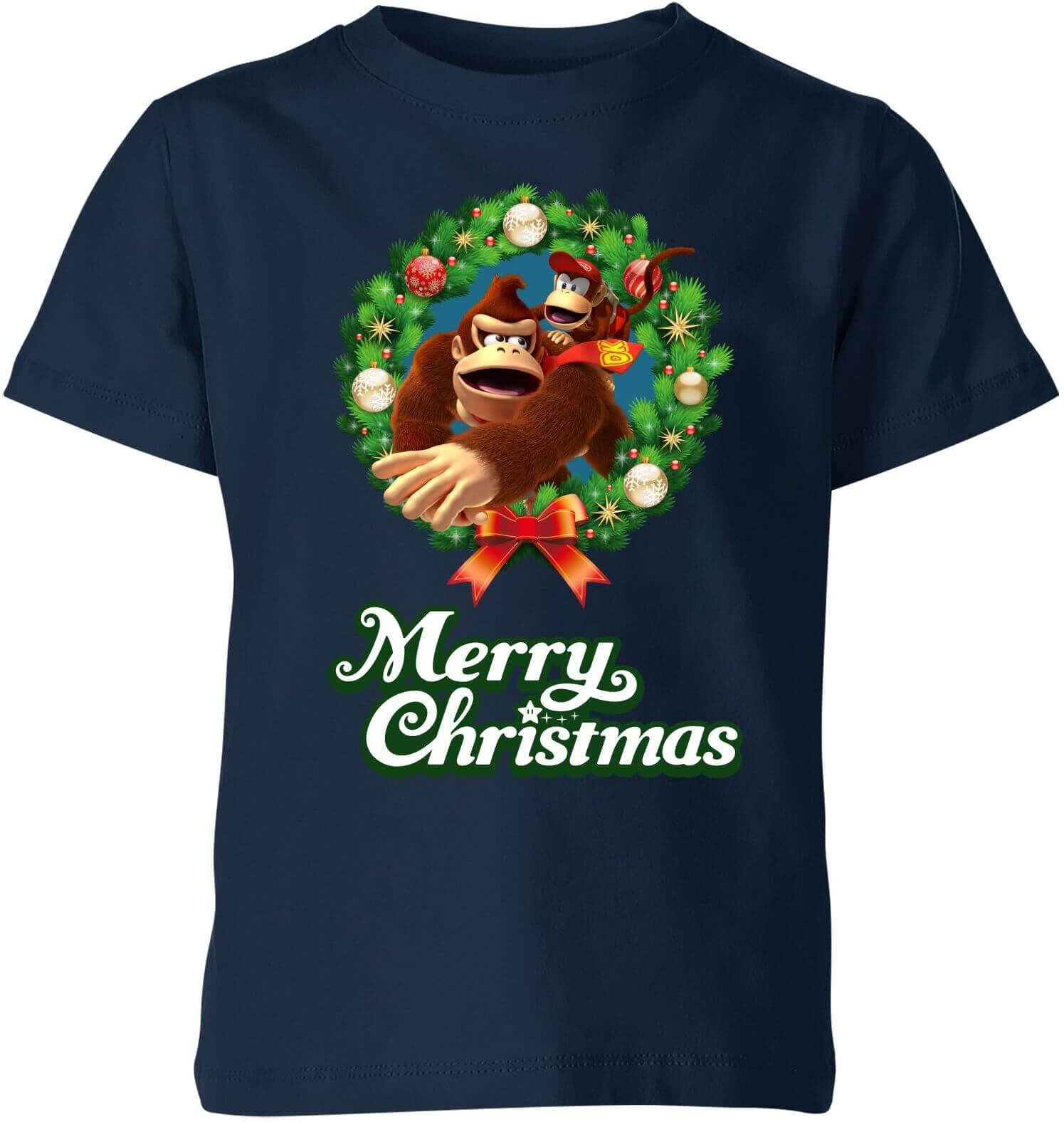 Nintendo Donkey Kong Wreath Merry Christmas Kid's T-Shirt - Navy - 7-8 Years - Navy