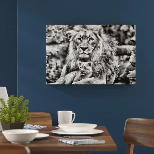 World Menagerie Cuddling Lion with Cub Photographic Print on Canvas in Monochrome World Menagerie Size: 80 cm H x 120 cm W  - Size: Mini (Under 40cm High)