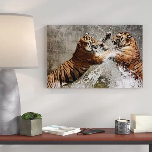 East Urban Home Fighting Tigers in Water Photographic Print on Canvas East Urban Home Size: 40cm H x 60cm W  - Size: 80 cm H x 120 cm W