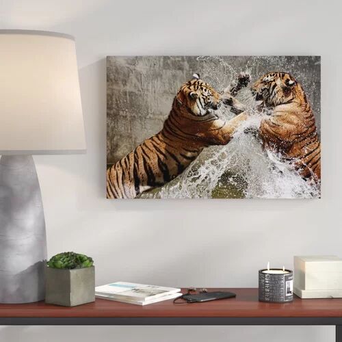 East Urban Home Fighting Tigers in Water Photographic Print on Canvas East Urban Home Size: 40cm H x 60cm W  - Size: 80 cm H x 120 cm W East Urban Home Fighting Tigers in Water Photographic Print on Canvas East Urban Home Size: 40cm H x 60cm W  - Size: 80 cm H x 120 cm W