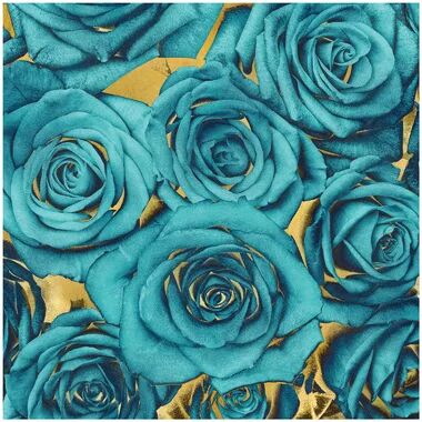 East Urban Home 'Roses- Teal on Gold' by Kate Bennett Graphic Art Print on Wrapped Canvas East Urban Home Size: 66.04cm H x 66.04cm W x 1.91cm D  - Size: 45.72cm H x 45.72cm W x 3.81cm D