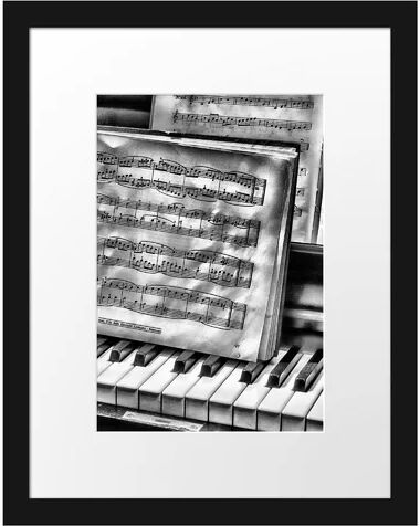 East Urban Home Piano with Sheet Music Framed Photographic Print Poster in Black and White East Urban Home  - Size: Mini (Under 40cm High)