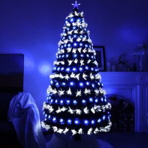 The Seasonal Aisle 5ft Fiber Optic Artificial Christmas Tree, 180 Blue&White LED Lights, Pre-Lit Xmas Tree with 95 Transparent Stars, Metal Stand 7 ft