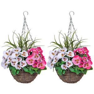 Lily Manor 2 x Hanging Baskets with Flowers and Decorative Grasses (Set of 2) Pink/White