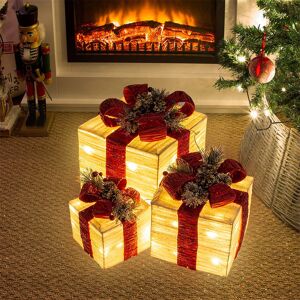 The Seasonal Aisle Set Of 3 Light-Up Christmas Boxes With Red Bow/Indoor Christmas Decorations / 65 Warm White LED Lights/Battery Operated/Timer Functionality White;Red 76.2cm H X 63.5cm W X 63.5cm D