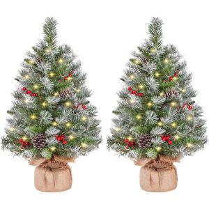Fleur De Lis Living 2Pcs Pre-Lit Artificial Mini Tabletop Christmas Tree, 2Ft/66Cm Frosted Battery Operated Small Xmas Trees With 35 LED Lights, 42 Red Berries & 6 Pineco Green Fleur De Lis Living 2Pcs Pre-Lit Artificial Mini Tabletop Christmas Tree, 2Ft/66Cm Frosted Battery Operated Small Xmas Trees With 35 LED Lights, 42 Red Berries & 6 Pineco Green