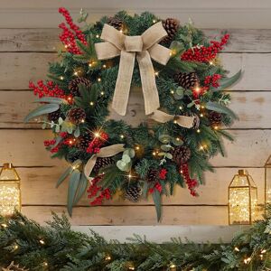 The Seasonal Aisle 60Cm Pre-Lit Christmas Wreath – Artificial Faux Greenery With Red Berries, Pine Cones & Linen Bow – 35 Warm White LED Lights, Battery Operated With Ti Gold 60cm W X 15cm D The Seasonal Aisle 60Cm Pre-Lit Christmas Wreath – Artificial Faux Greenery With Red Berries, Pine Cones & Linen Bow – 35 Warm White LED Lights, Battery Operated With Ti Gold 60cm W X 15cm D