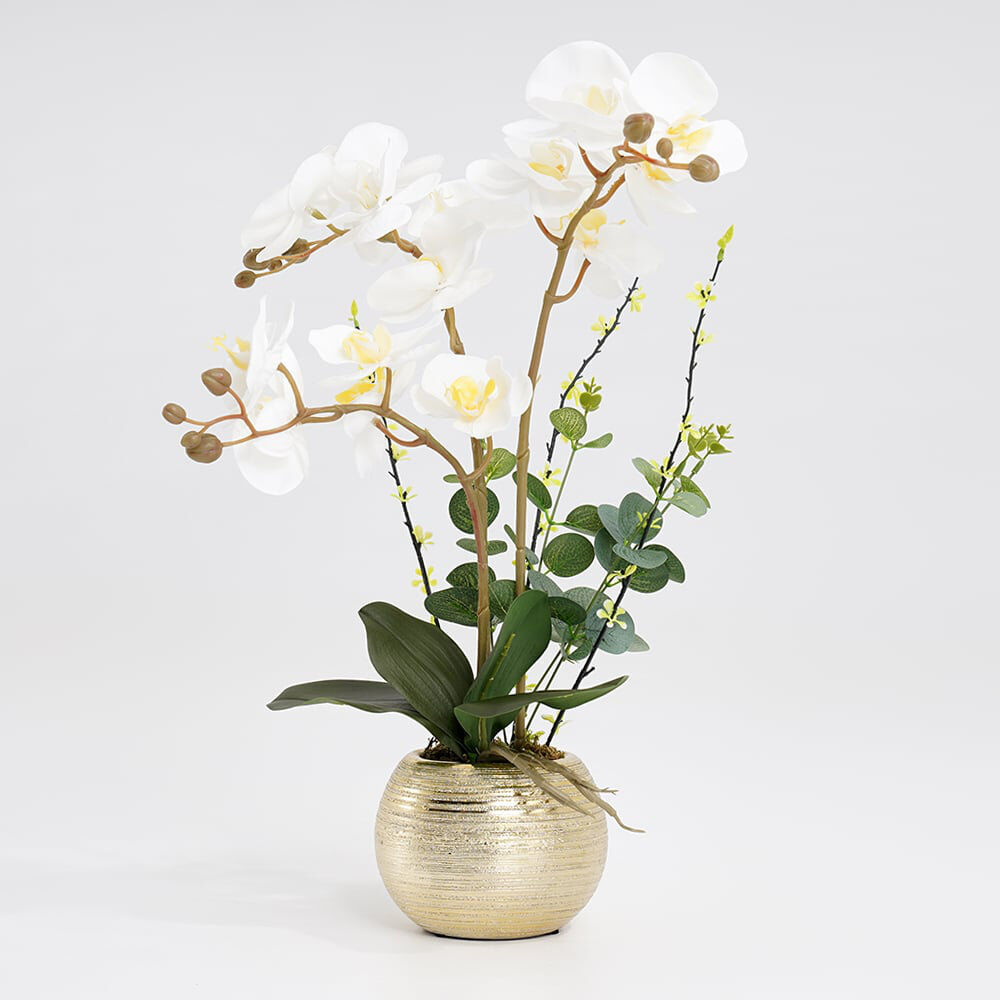 Homary Artificial Flower Realistic White Orchids In Vase Set Gold Brushed Ceramic Flower Pots White 45cm H X 10.9cm W X 10.9cm D