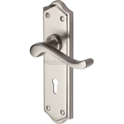 Heritage Brass Heritage Door Handle Lever Lock Buckingham Design Satin Nickel 18cm H X 5cm W Heritage Brass Heritage Door Handle Lever Lock Buckingham Design Satin Nickel 18cm H X 5cm W