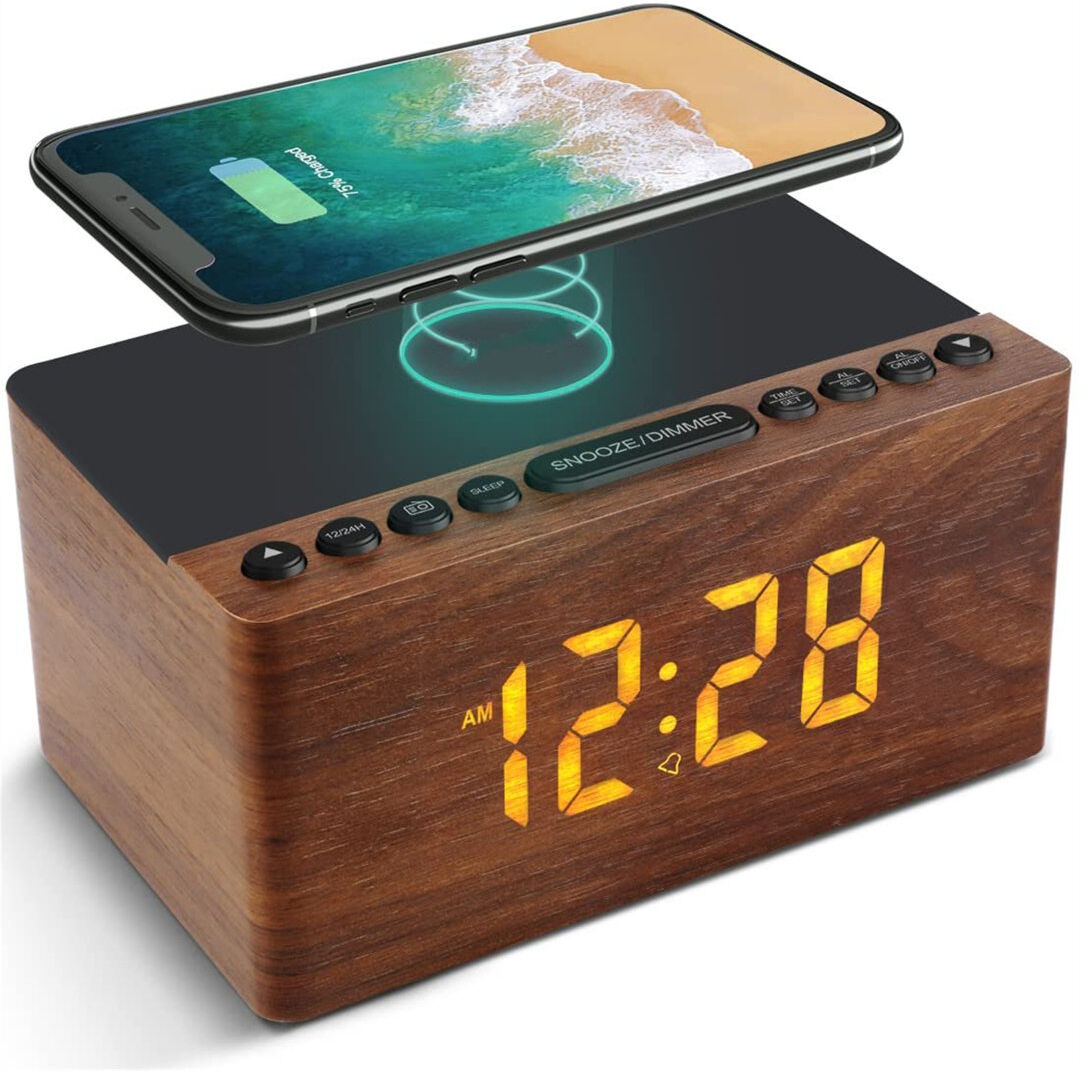 Brayden Studio Wooden Alarm Clock Bedside With FM Radio,10W Super Fast Wireless Charger Station For Iphone/Samsung Galaxy/Other Smart Phone,USB Charging Port,Mains P White 19.05cm H X 43.18cm W X 25.4cm D