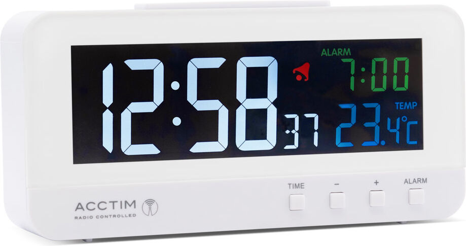Acctim Rialto Digital Alarm Clock Radio Controlled Crescendo Alarm Thermometer High Contrast Coloured VA Display White Grey 7cm H X 14cm W X 3.4cm D