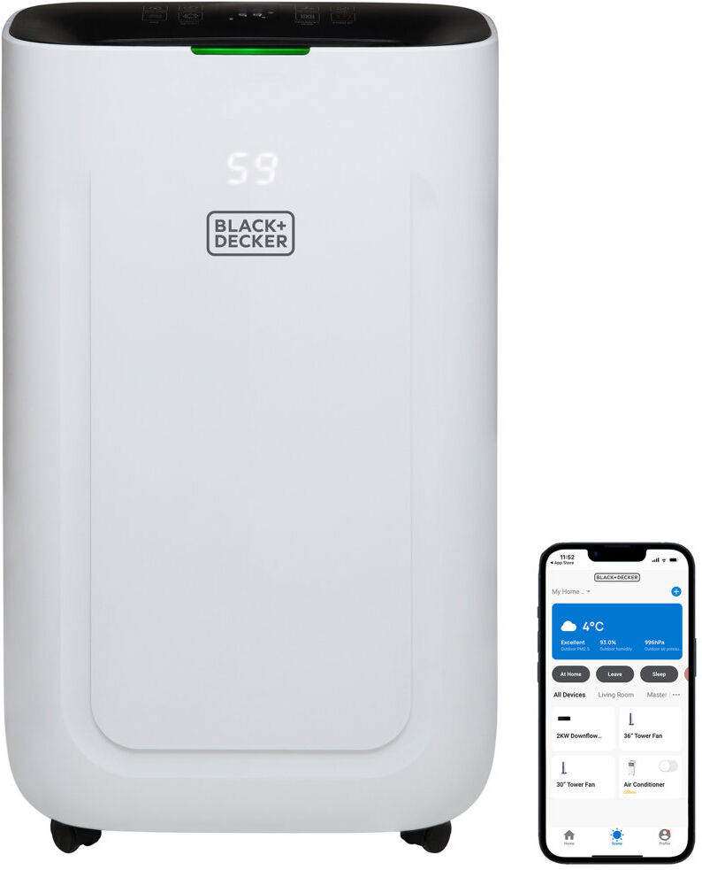 Black and Decker BLACK+DECKER 20L Smart Dehumidifier, 4 Modes, Quiet, 6.5L Water Tank, 24 Hour Timer, White White 57cm H X 34cm W X 24cm D