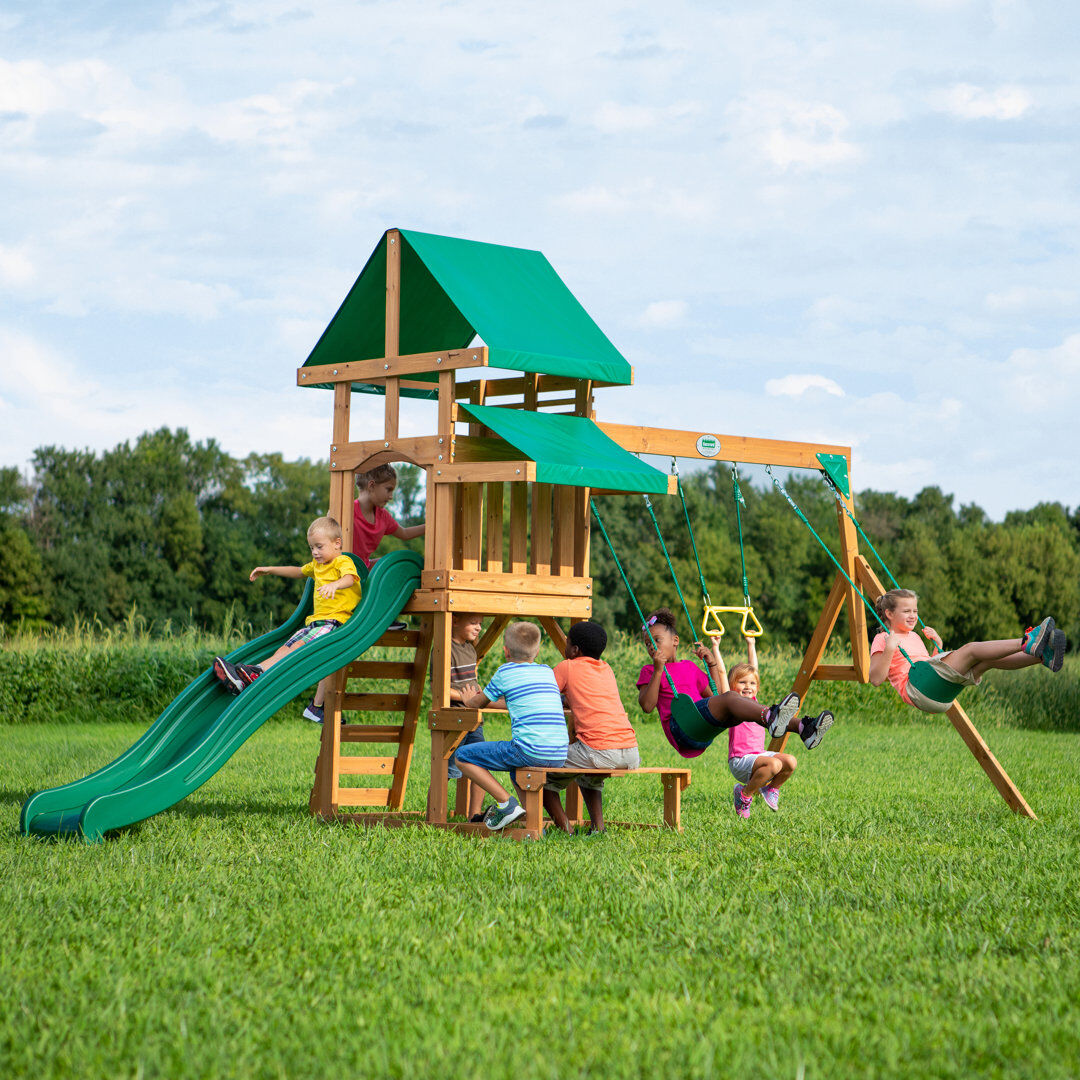 Backyard Discovery Belmont Cedar Wooden Swing Set with 3 Swings and 1 Slide Green;Brown Wood