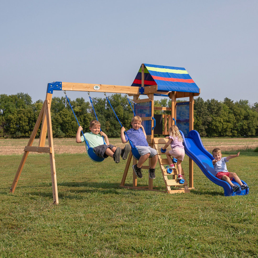 Backyard Discovery Bay Pointe Cedar Wooden Swing Set with 2 x Swings and 1 x Slide Blue;Red;Yellow;Brown Wood