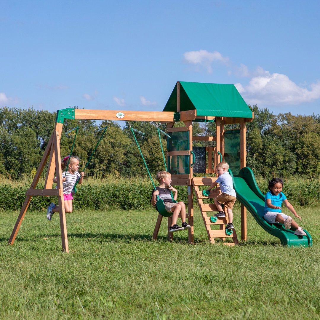 Backyard Discovery Buckley Hill Cedar Wooden Swing Set with 2 Swings and 1 Slide Green;Brown Wood
