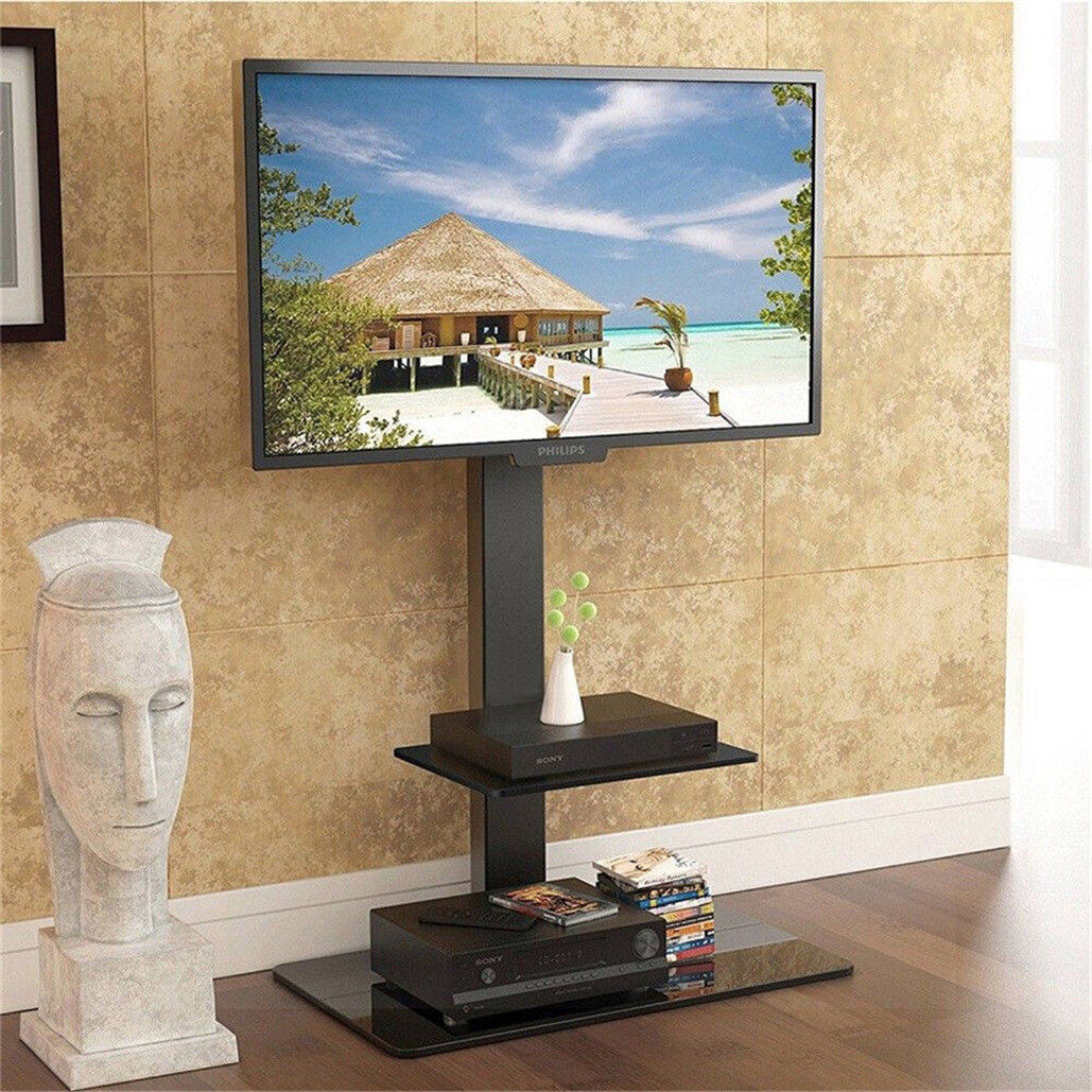 Symple Stuff Universal Swivel Floor TV Stand With Bracket For 32-65 Inch Plasma/LCD/LEDM, Height Adjustable Tall TV Stand With 2-Tier Shelves & HD Cable Black 65"