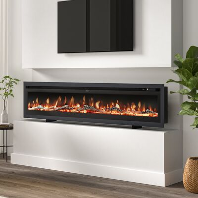 Wade Logan Ketilfrith Electric Fireplace with Remote Included, 12 Flame Colours, and 1800W Black 34.1cm H x 203.2cm W x 14.2cm D Wade Logan Ketilfrith Electric Fireplace with Remote Included, 12 Flame Colours, and 1800W Black 34.1cm H x 203.2cm W x 14.2cm D