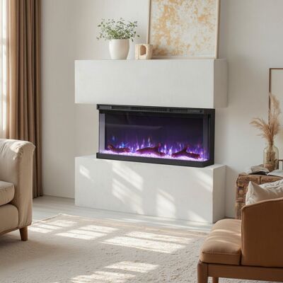 FLAMEKO Leura 3-Sided Panoramic View Electric Fireplace, 9 Colour LED Flame Effect, 1.8kW Heater with Remote, Logs & Crystals Satin Black 43cm H x 101.6cm W x 20cm D FLAMEKO Leura 3-Sided Panoramic View Electric Fireplace, 9 Colour LED Flame Effect, 1.8kW Heater with Remote, Logs & Crystals Satin Black 43cm H x 101.6cm W x 20cm D