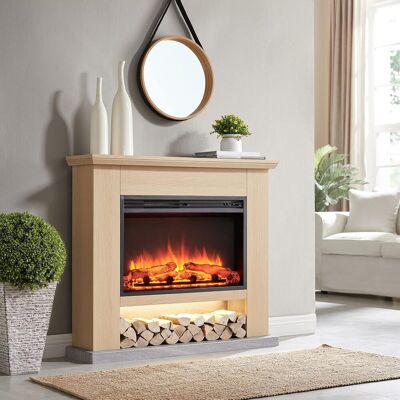 FLAMME Beadell Electric Fireplace with surround with 2kW Fireplace Heater Multiple Colours Available Natual Oak 88cm H x 100cm W x 25cm D FLAMME Beadell Electric Fireplace with surround with 2kW Fireplace Heater Multiple Colours Available Natual Oak 88cm H x 100cm W x 25cm D