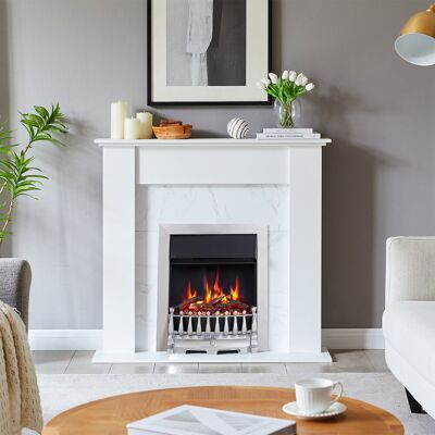 FLAMEKO Verona Electric Fireplace Insert, Logs and Black Chips Included 2kW Heater, Blenheim Fret with Spacer, Remote Chrome 66cm H X 23.3cm W X 55cm D FLAMEKO Verona Electric Fireplace Insert, Logs and Black Chips Included 2kW Heater, Blenheim Fret with Spacer, Remote Chrome 66cm H X 23.3cm W X 55cm D
