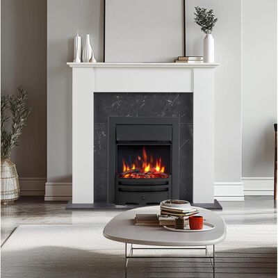 FLAMEKO Verona Electric Fireplace Insert, Logs and Black Chips Included 2kW Heater, Bauhaus Fret with Spacer, Remote Black FLAMEKO Verona Electric Fireplace Insert, Logs and Black Chips Included 2kW Heater, Bauhaus Fret with Spacer, Remote Black