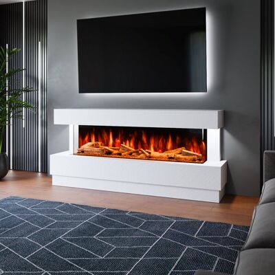 Evolution Fires Raphael Freestanding Electric Fireplace Suite Textured Stone Effect 1500mm 3-Sided Led Electric Fire with Panoramic Flame Remote & App Control White 88cm H X 195cm W X 41cm D Evolution Fires Raphael Freestanding Electric Fireplace Suite Textured Stone Effect 1500mm 3-Sided Led Electric Fire with Panoramic Flame Remote & App Control White 88cm H X 195cm W X 41cm D