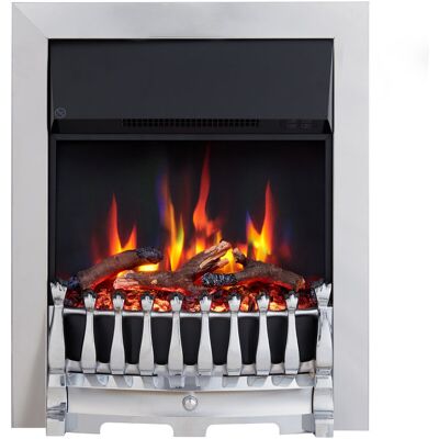 FLAMEKO Verona Electric Fireplace Insert, Logs and Black Chips Included 2kW Heater, Blenheim Fret, Remote Chrome FLAMEKO Verona Electric Fireplace Insert, Logs and Black Chips Included 2kW Heater, Blenheim Fret, Remote Chrome