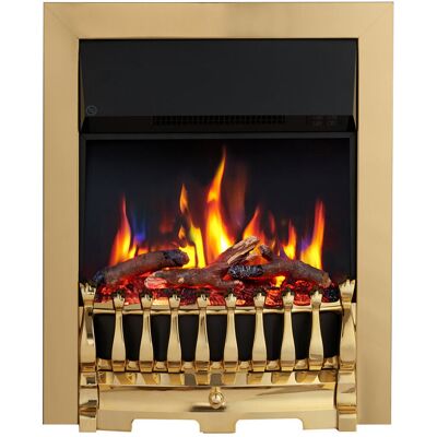 FLAMEKO Verona Electric Fireplace Insert, Logs and Black Chips Included 2kW Heater, Blenheim Fret, Remote Brass FLAMEKO Verona Electric Fireplace Insert, Logs and Black Chips Included 2kW Heater, Blenheim Fret, Remote Brass
