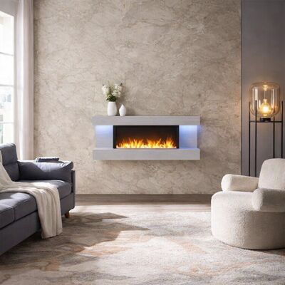FLAMME Kingston Wall Mounted Electric Fireplace White with 3 Flame Colours and 13 Mood Lighting Options 1.8kW heater Cement Grey 60cm H x 152cm W x 25cm D FLAMME Kingston Wall Mounted Electric Fireplace White with 3 Flame Colours and 13 Mood Lighting Options 1.8kW heater Cement Grey 60cm H x 152cm W x 25cm D