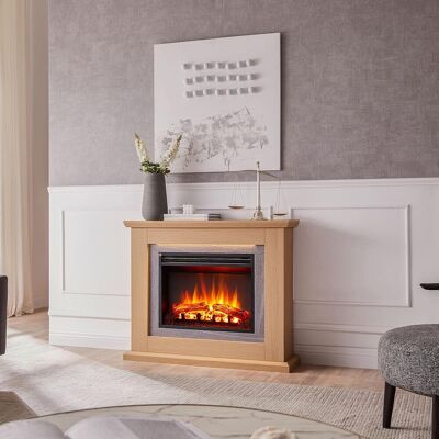 FLAMME Evora Electric Fireplace with surround 2kW Fireplace Heater White Multiple Colours Available Natual Oak 82cm H x 100cm W x 25cm D FLAMME Evora Electric Fireplace with surround 2kW Fireplace Heater White Multiple Colours Available Natual Oak 82cm H x 100cm W x 25cm D