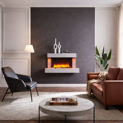 FLAMME Kingston Wall Mounted Electric Fireplace White with 3 Flame Colours and 13 Mood Lighting Options 1.8kW heater Cement Grey 60cm H x 99cm W x 25cm D FLAMME Kingston Wall Mounted Electric Fireplace White with 3 Flame Colours and 13 Mood Lighting Options 1.8kW heater Cement Grey 60cm H x 99cm W x 25cm D