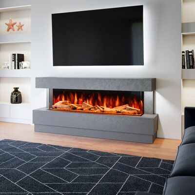Evolution Fires Raphael Freestanding Electric Fireplace Suite Textured Stone Effect 1500mm 3-Sided Led Electric Fire with Panoramic Flame Remote & App Control Grey 88cm H X 195cm W X 41cm D Evolution Fires Raphael Freestanding Electric Fireplace Suite Textured Stone Effect 1500mm 3-Sided Led Electric Fire with Panoramic Flame Remote & App Control Grey 88cm H X 195cm W X 41cm D