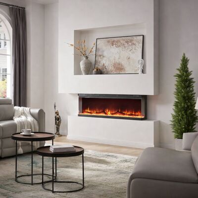 FLAMEKO Leura 3-Sided Panoramic View Electric Fireplace, 9 Colour LED Flame Effect, 1.8kW Heater with Remote, Logs & Crystals Satin Black 43cm H x 127cm W x 20cm D FLAMEKO Leura 3-Sided Panoramic View Electric Fireplace, 9 Colour LED Flame Effect, 1.8kW Heater with Remote, Logs & Crystals Satin Black 43cm H x 127cm W x 20cm D