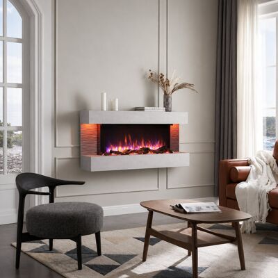 FLAMME Kingston Wall Mounted Electric Fireplace White with 3 Flame Colours and 13 Mood Lighting Options 1.8kW heater Cement Grey 60cm H x 127cm W x 25cm D FLAMME Kingston Wall Mounted Electric Fireplace White with 3 Flame Colours and 13 Mood Lighting Options 1.8kW heater Cement Grey 60cm H x 127cm W x 25cm D