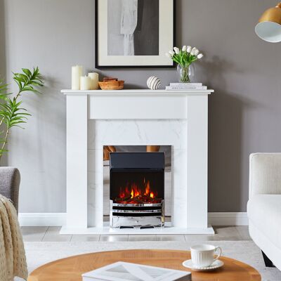 FLAMEKO Verona Electric Fireplace Insert, Logs and Black Chips Included 2kW Heater, Bauhaus Fret with Spacer, Remote Chrome FLAMEKO Verona Electric Fireplace Insert, Logs and Black Chips Included 2kW Heater, Bauhaus Fret with Spacer, Remote Chrome