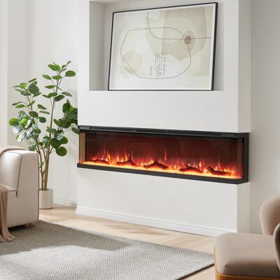 FLAMEKO Leura 3-Sided Panoramic View Electric Fireplace, 9 Colour LED Flame Effect, 1.8kW Heater with Remote, Logs & Crystals Satin Black 43cm H x 183cm W x 20cm D FLAMEKO Leura 3-Sided Panoramic View Electric Fireplace, 9 Colour LED Flame Effect, 1.8kW Heater with Remote, Logs & Crystals Satin Black 43cm H x 183cm W x 20cm D