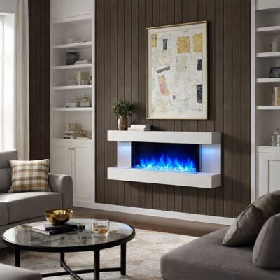 FLAMME Kingston Wall Mounted Electric Fireplace White with 3 Flame Colours and 13 Mood Lighting Options 1.8kW heater White 60cm H x 152cm W x 25cm D FLAMME Kingston Wall Mounted Electric Fireplace White with 3 Flame Colours and 13 Mood Lighting Options 1.8kW heater White 60cm H x 152cm W x 25cm D